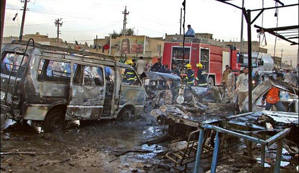 The scene of an attack in Baghdad, in which 55 people were murdered, carried out by a Palestinian terrorist.
